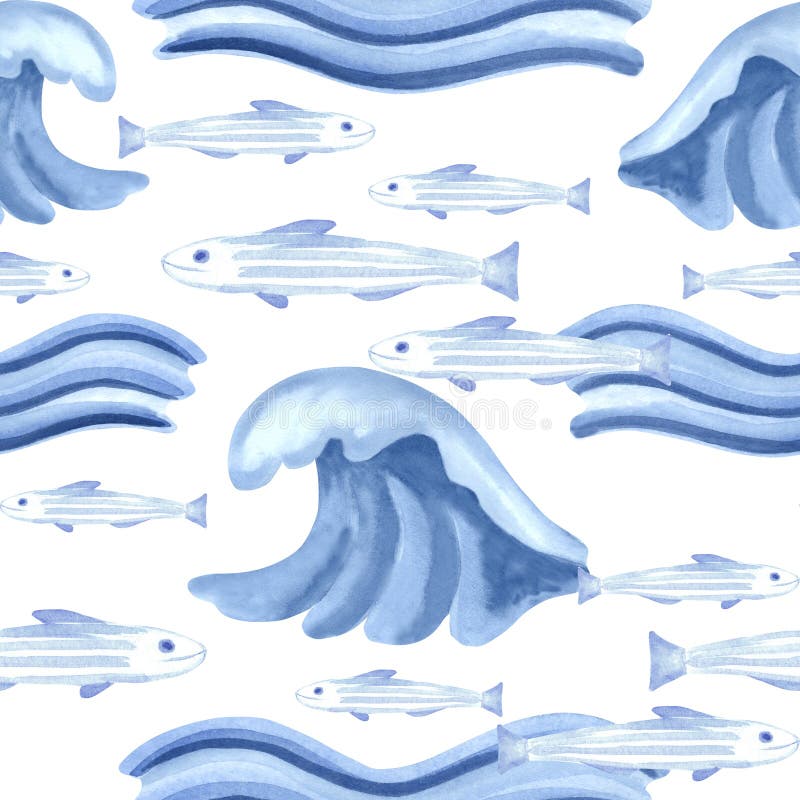 Albastru mare valuri și pește turmă acuarelă model seamles pentru modele arctice. Ilustrație realizată manual tsunami abstract royalty free stock image