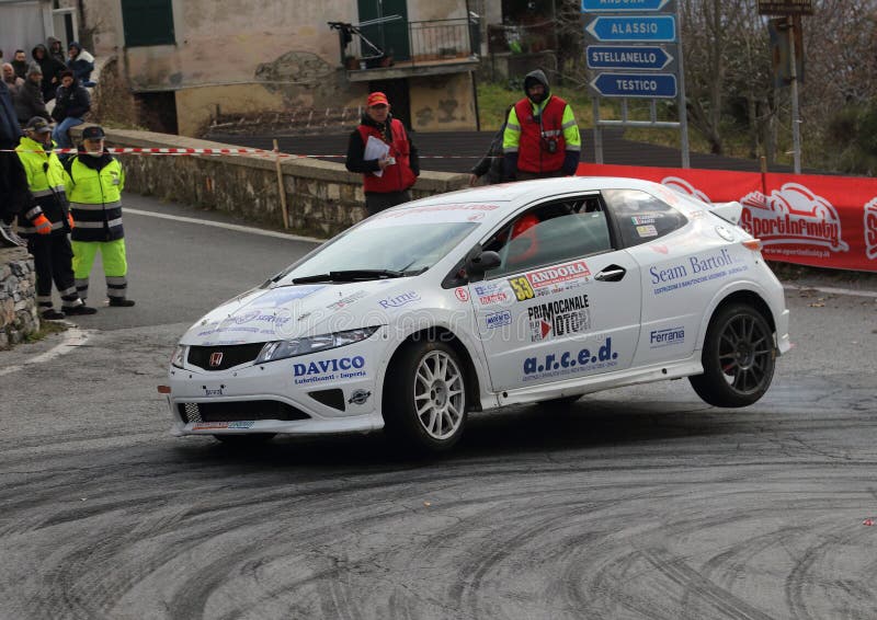 Albenga Italy - A Honda Civic RS 2000 racing car on three wheels