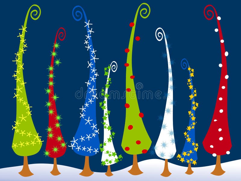 An abstract clip art illustration of tall cartoonish Christmas trees in the snow. An abstract clip art illustration of tall cartoonish Christmas trees in the snow