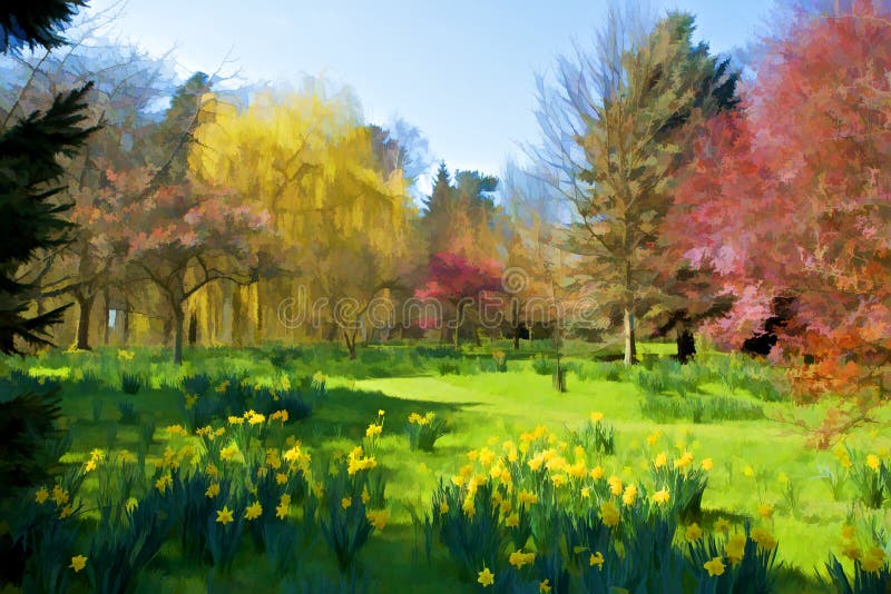 Artistic illustration of colorful spring trees in countryside with daffodils in foreground. Artistic illustration of colorful spring trees in countryside with daffodils in foreground.