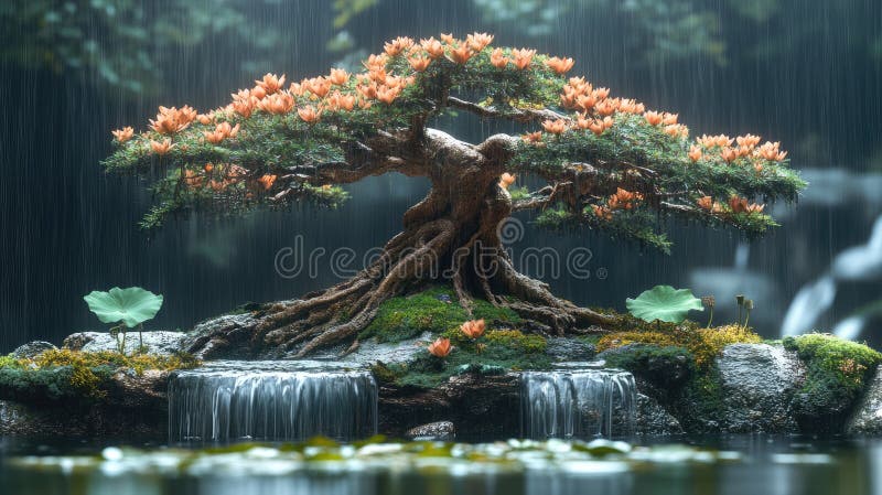 Albero Bonsai con Fiori d'Arancio su Roccia con Piccola Cascata. Un sereno albero bonsai, adornato di vivaci fiori d'arancio, si erge con grazia sulla cima di una roccia erosa. Di fronte ad esso, una piccola cascata scorre dolcemente, con la sua acqua cristallina che scende a cascata sulle rocce creando un'atmosfera rilassante e tranquilla. Il contrasto tra i delicati fiori, la pietra naturale e l'acqua che scorre evoca una sensazione di pace e armonia, perfetta per mostrare temi di natura, equilibrio e giardini di ispirazione giapponese. Questa scena rilassante è un'aggiunta ideale per design incentrati sulla consapevolezza, il relax o la bellezza botanica. Mantieni questa stringa "