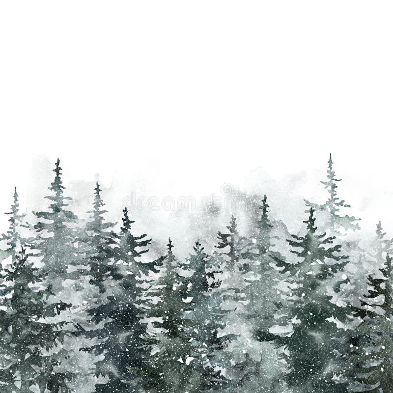 Albero dei pini d'inverno Albero dei colori d'acqua Allevamento di abete Boschi di nebbia sfondo natalizio
