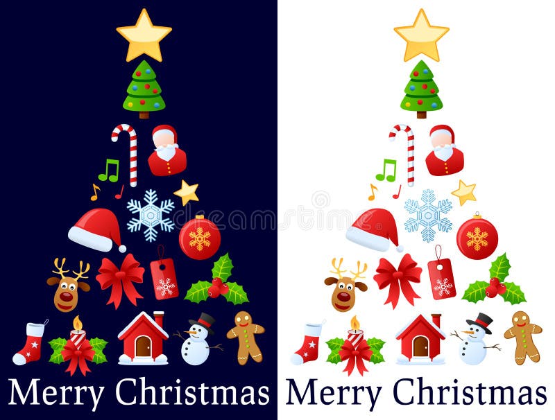 A Christmas tree made up of colorful icon ornaments, isolated on dark and white background. Useful also as greeting card. Eps file available. A Christmas tree made up of colorful icon ornaments, isolated on dark and white background. Useful also as greeting card. Eps file available.