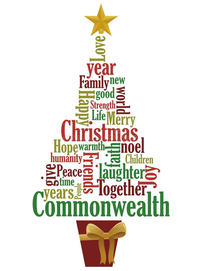 An illustration of a Christmas tree made up from words often associated with the holiday. An illustration of a Christmas tree made up from words often associated with the holiday.