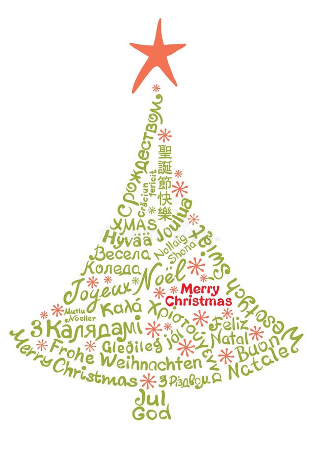 Abstract Christmas tree with a greeting Merry Christmas in different languages. Abstract Christmas tree with a greeting Merry Christmas in different languages