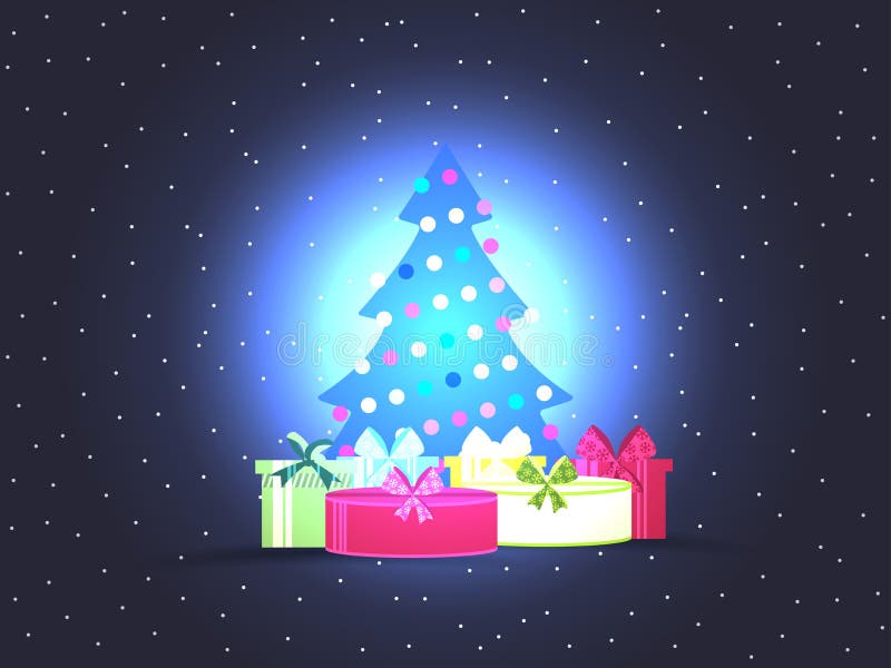 Albero di Natale con i contenitori di regalo Manifesto luminoso di natale Vettore royalty illustrazione gratis Albero di Natale con i contenitori di regalo Manifesto luminoso di natale Vettore royalty illustrazione gratis