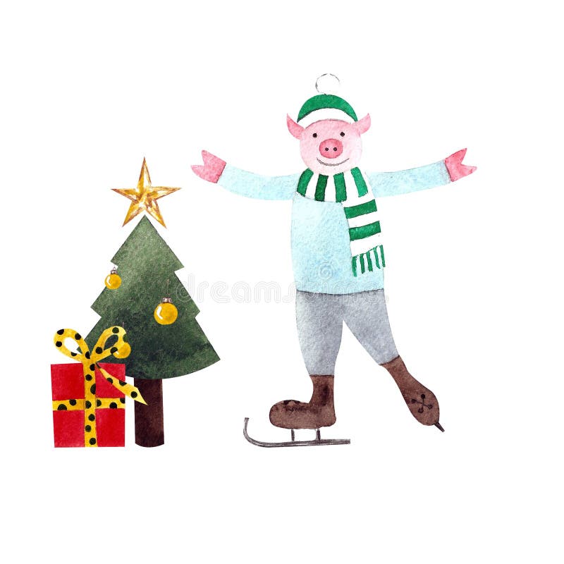 Albero di Natale con i regali ed il porcellino che pattinano sul fondo bianco Illustrazione dell'acquerello Disegnato a mano illustrazione di stock Albero di Natale con i regali ed il porcellino che pattinano sul fondo bianco Illustrazione dell'acquerello Disegnato a mano illustrazione di stock