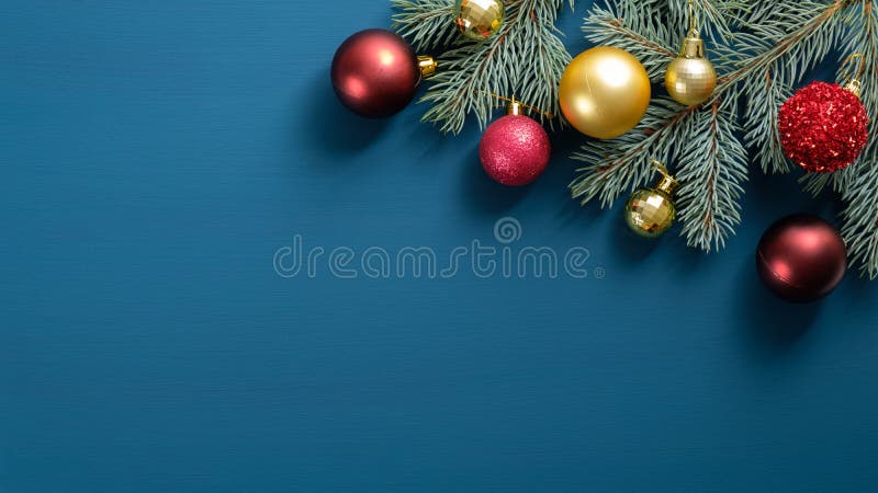 Albero di Natale con palline rosse e dorate su fondo blu Layout piatto, vista superiore Biglietto di auguri natalizio con spazio fotografia stock libera da diritti Albero di Natale con palline rosse e dorate su fondo blu Layout piatto, vista superiore Biglietto di auguri natalizio con spazio fotografia stock libera da diritti
