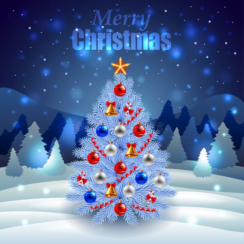 Albero di Natale decorato su paesaggio di inverno di notte illustrazione di stock Albero di Natale decorato su paesaggio di inverno di notte illustrazione di stock