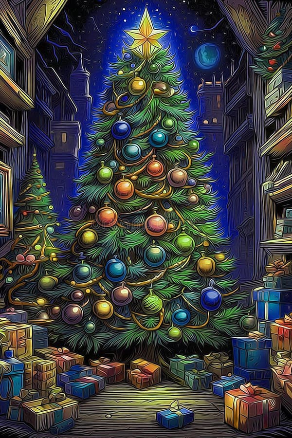 Albero di natale decorato su un paesaggio notturno con un dipinto di olio digitale generato dall'aria royalty illustrazione gratis