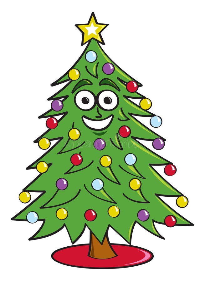 A smiling cartoon Christmas tree with bulbs and a star at the top. A smiling cartoon Christmas tree with bulbs and a star at the top.