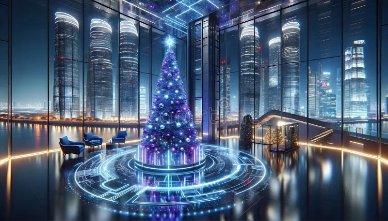 Albero di natale futuristico con decorazioni moderne illustrazione di stock