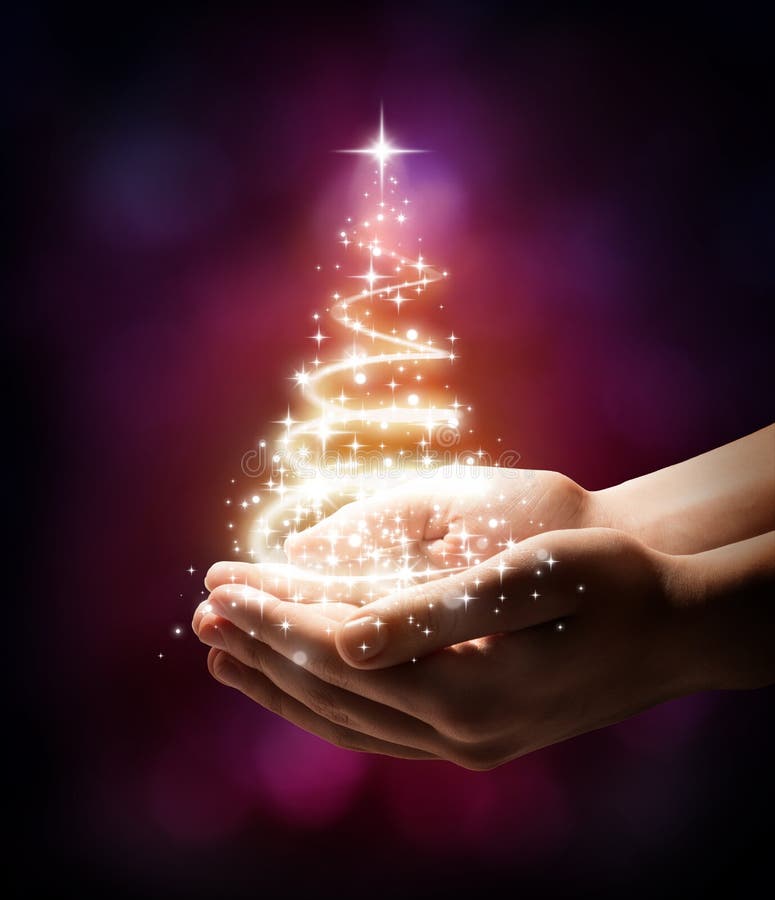 Christmas tree in your hand - stardust on red dark background. Christmas tree in your hand - stardust on red dark background