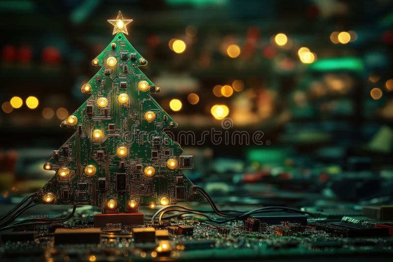 Albero di natale prodotto da circuiti stampati e luci generate da illustrazione vettoriale