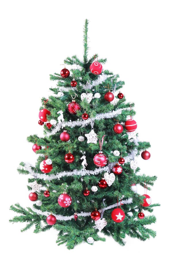 Albero Di Natale Rosso E Argento Albero Di Natale Rosso E D'argento Decorato Variopinto Fotografia Stock