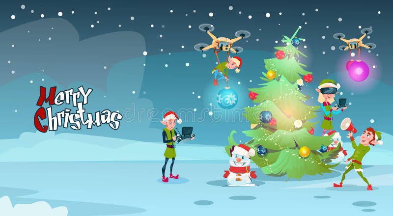 Albero di Natale verde della decorazione del gruppo di Elf con la cartolina d'auguri del nuovo anno di vetro di realtà virtuale d royalty illustrazione gratis Albero di Natale verde della decorazione del gruppo di Elf con la cartolina d'auguri del nuovo anno di vetro di realtà virtuale d royalty illustrazione gratis