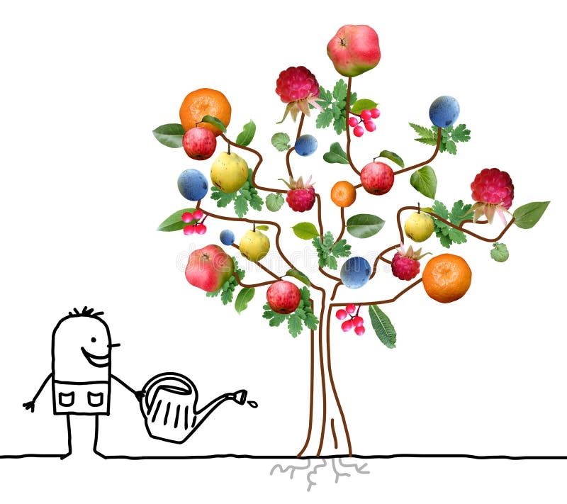 Albero di Watering Multi Fruits del giardiniere del fumetto royalty illustrazione gratis Albero di Watering Multi Fruits del giardiniere del fumetto royalty illustrazione gratis
