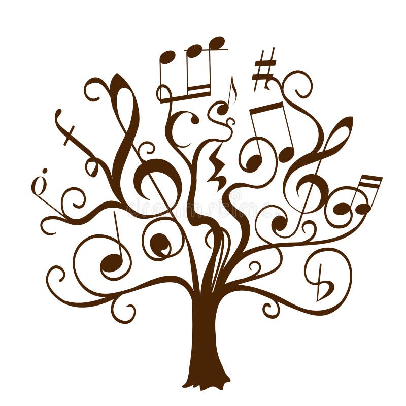 Albero disegnato a mano con i ramoscelli ricci con le note musicali ed i segni