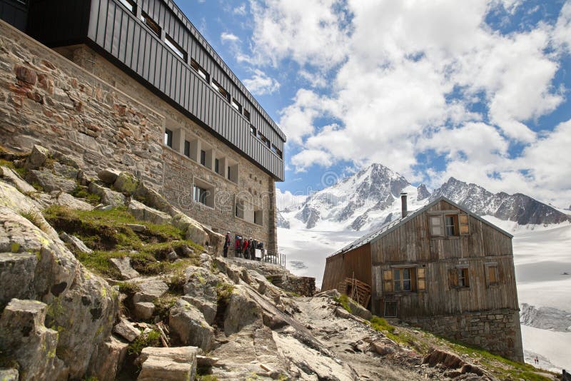 Chamonix, France - JUNE 06, 2014: Albert Premier Hut. The main hut (built in 1959) can hold 137 people and the older hut, for winter use, can hold 30 people. Chamonix, France - JUNE 06, 2014: Albert Premier Hut. The main hut (built in 1959) can hold 137 people and the older hut, for winter use, can hold 30 people.