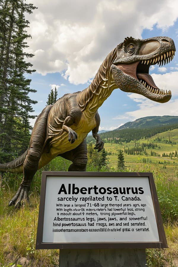 Albertosaurus sarcophagus περπατώντας μέσα σε κρηξώδες δάσος με πλάκα μουσείου διανυσματική απεικόνιση