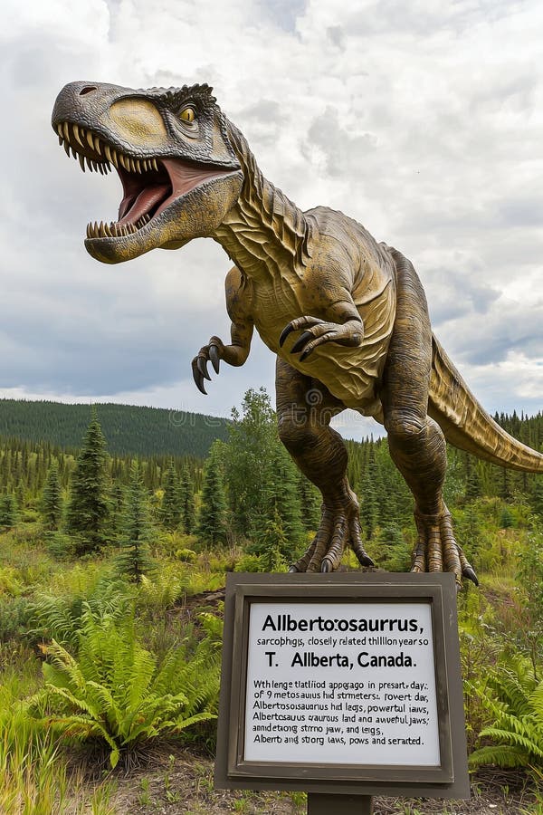 Albertosaurus sarcophagus περπατώντας μέσα σε κρηξώδες δάσος με πλάκα μουσείου απεικόνιση αποθεμάτων