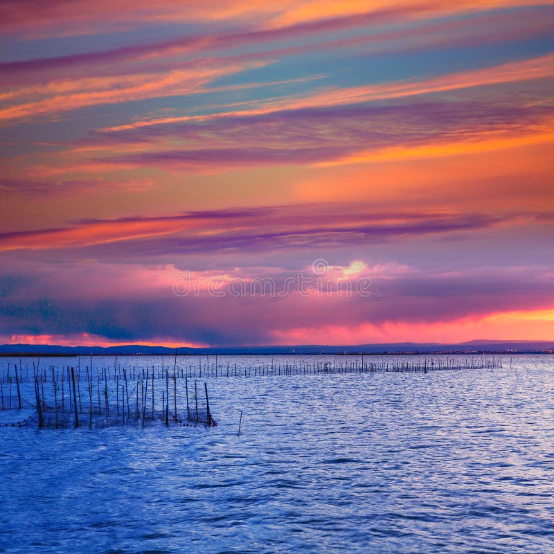 Albufera sunset lake in Valencia el saler Spain stock photos Albufera sunset lake in Valencia el saler Spain stock photos