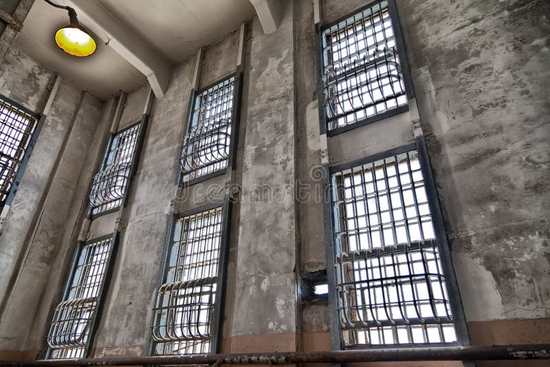 A view inside of Alcatraz prison showing the bars on the windows. A view inside of Alcatraz prison showing the bars on the windows