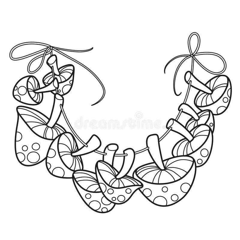 Alchemical ingredient fly agaric mushrooms strung on a rope for drying outlined for coloring page on white