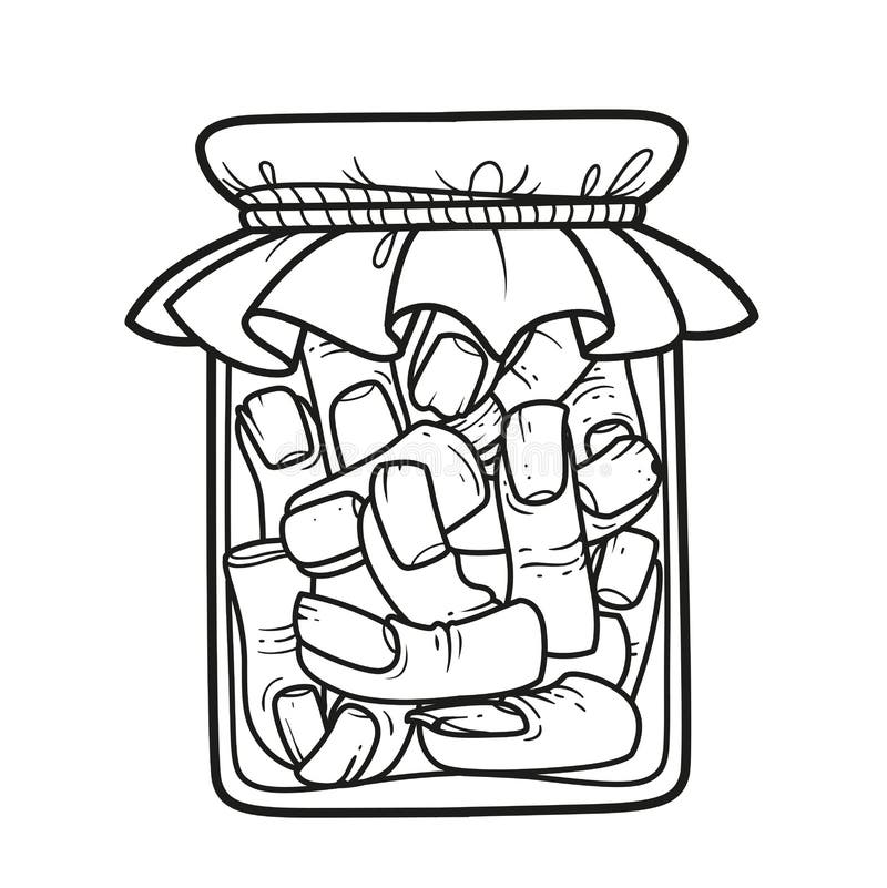 Alchemical ingredient severed fingers preserved in an embalming liquid in a jar outlined for coloring page on white