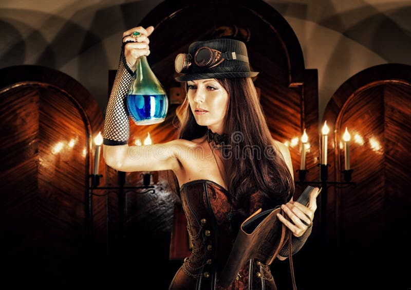 Alchemist. woman witch prepares potion, reads magical book