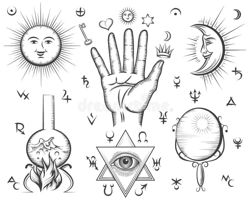 Alchimie, spiritualiteit, occultisme, magische chemie, stock illustratie Alchimie, spiritualiteit, occultisme, magische chemie, stock illustratie