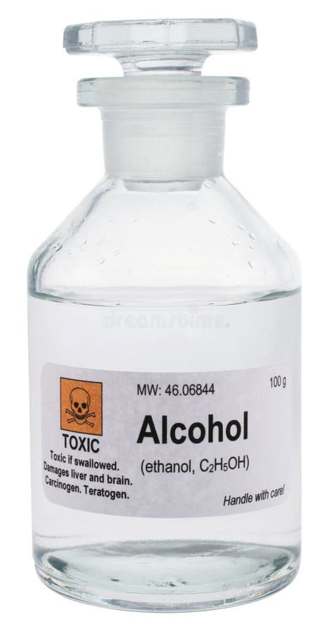 Conceptual photo of alcohol, represented as a dangerous chemical. With clipping path. Alcohol is a psychoactive drug that affects the central nervous system, can damage brain and liver and increases the risk of developing cancers. It is also teratogen (damages an unborn child).