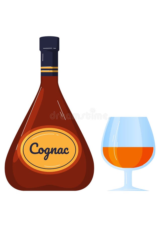  Alcohol Bebida Botella Coñac Vidrio Transparente Con Bebida Color Dorado Dibujos Animados Estilo Vector Ilustración Aislado Ilustración del Vector