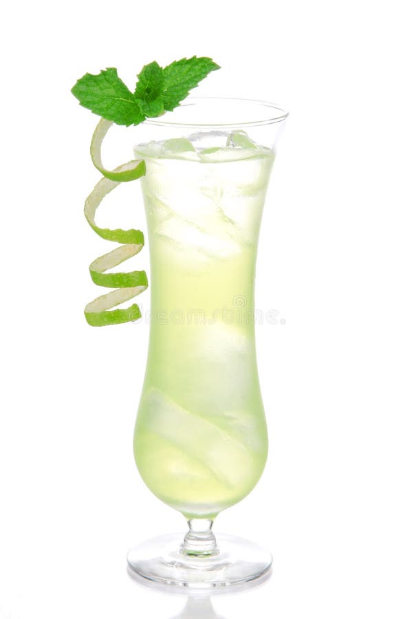 Alcohol cocktail based on Passion fruit, tequila, sprite, vodka, pina colada, light rum decorated with mint and lime spiral on top in mojito glass filled with ice