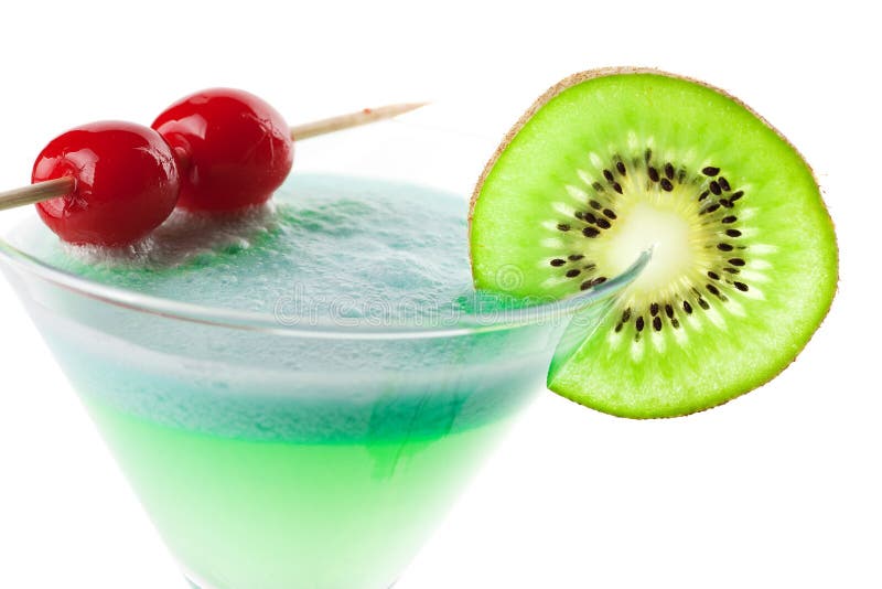 Alcohol cocktail with kiwi and cherry on in martini glass