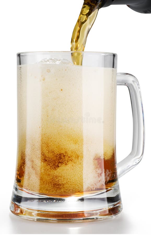 Stream of dark alcohol beer pouring into a glass from bottle with froth isolated over white background. Stream of dark alcohol beer pouring into a glass from bottle with froth isolated over white background.