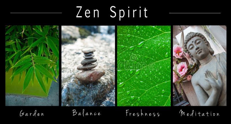 Alcohol del zen - collage con el texto: Jardín, balanza, frescura y meditación imagen de archivo Alcohol del zen - collage con el texto: Jardín, balanza, frescura y meditación imagen de archivo
