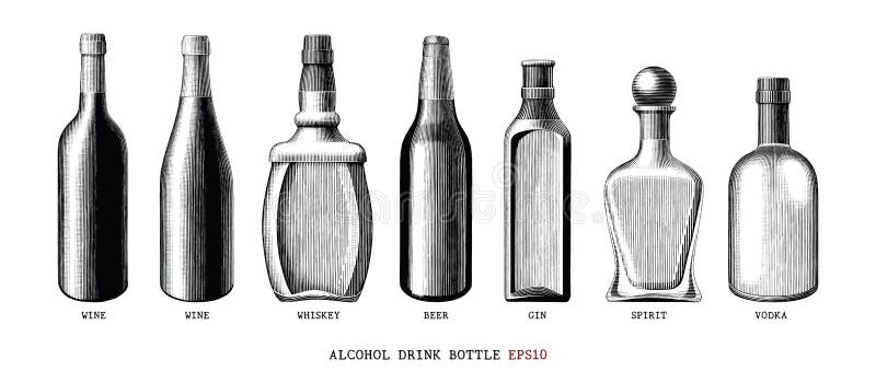 Alcohol Drink Bottle Collection Hand Draw Vintage Style Black And White
