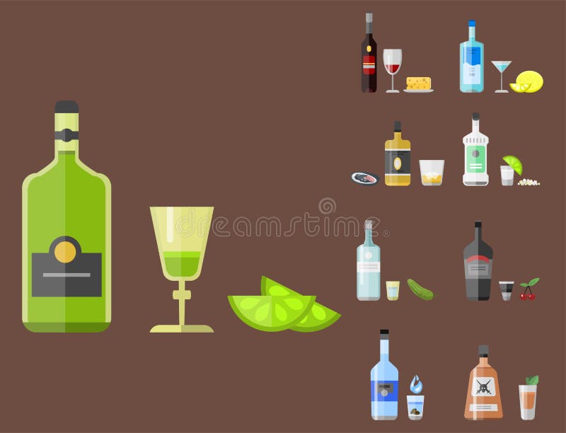 Alcohol drinks beverages cocktail appetizer bottle lager container drunk different snacks glasses vector illustration.