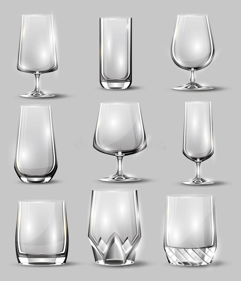Alcohol Glasses Set. Transparent Empty Realistic Mockup Stemware for