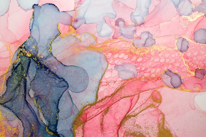 Alcohol ink abstract background. Watercolor style texture. Pink, blue and gold paint stains illustration.