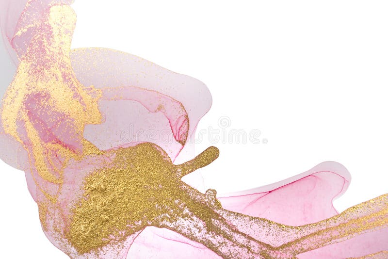 Alcohol ink pink abstract background. Floral style watercolor texture. Pink and gold paint stains illustration.