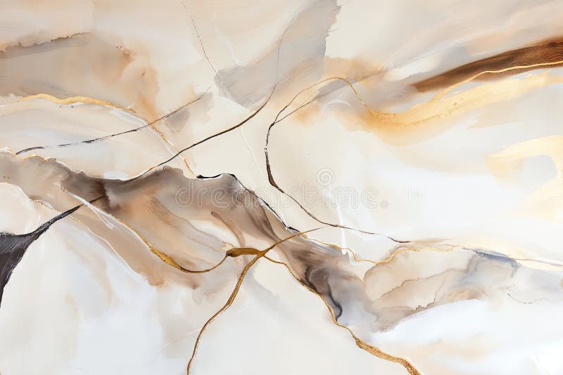 Alcohol ink with thin gold lines on a white background. Fluid texture with abstract shapes and forms in neutral tones of beige royalty free illustration