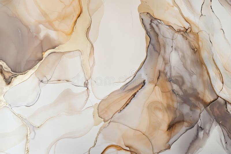 Alcohol ink with thin gold lines on a white background. Fluid texture with abstract shapes and forms in neutral tones of beige stock illustration