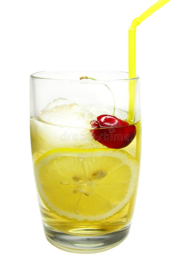 Alcohol john collins cocktail with lemon cherry