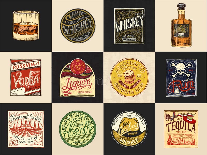 Alcohol Labels. Set of Vintage American badge with calligraphic elements.Hand drawn engraved Rum Whiskey Beer. royalty free illustration