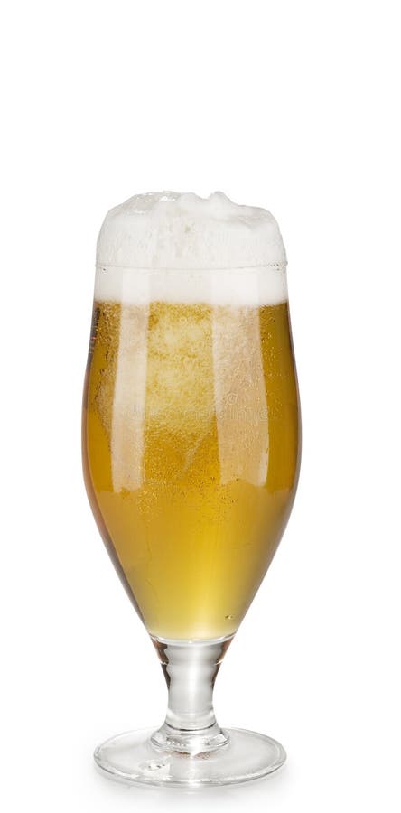 Alcohol light beer glass with froth and bubbles isolated over white background.