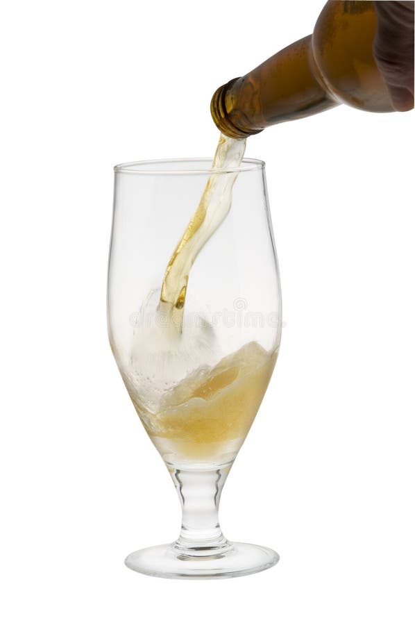 Alcohol light beer with froth and bubbles pouring into a glass isolated over white. Alcohol light beer with froth and bubbles pouring into a glass isolated over white.