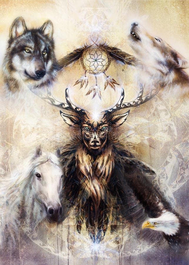 Alcohol ornamental sagrado de los ciervos con símbolo ideal y los animales del colector libre illustration Alcohol ornamental sagrado de los ciervos con símbolo ideal y los animales del colector libre illustration