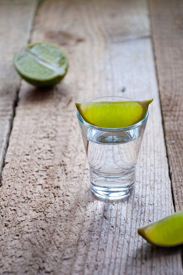 Alcohol Shot Drink. Silver Tequila with Lime on the Wooden Table Stock Photo Image of cocktail